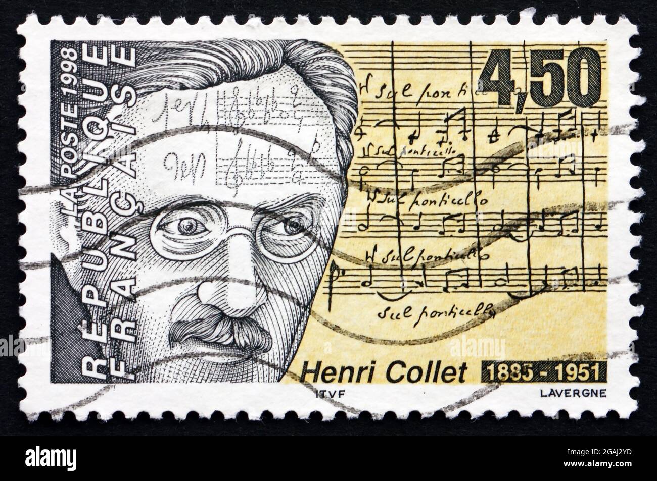 FRANCE - VERS 1998 : un timbre imprimé en France montre Henri Collet, compositeur français et critique musical, vers 1998 Banque D'Images