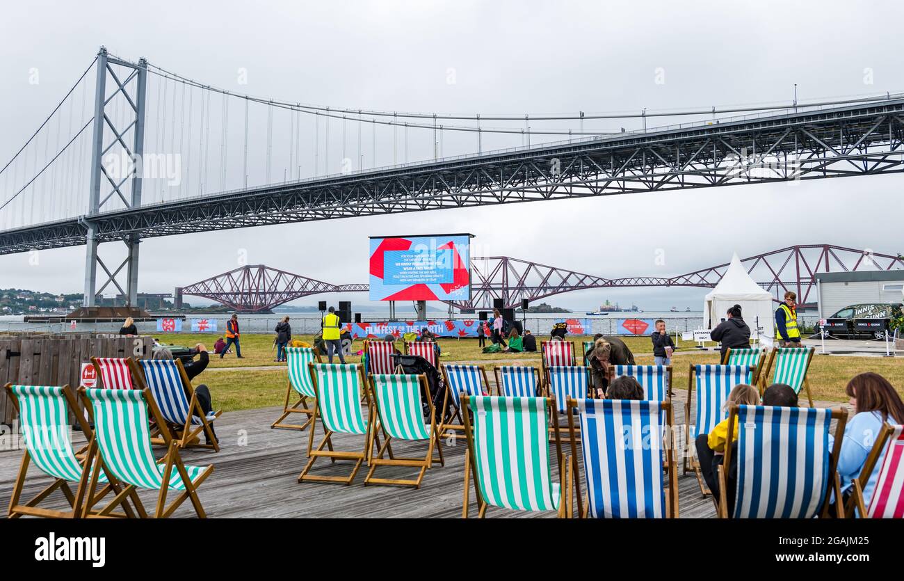 Port Edgar Marina, South Queensferry, Écosse, Royaume-Uni, 31 juillet 2021. Festival international du film d'Édimbourg, film Fest on the Forth : le port de plaisance est transformé en un cinéma en plein air pour un week-end de projections en plein air gratuites pour les familles Banque D'Images