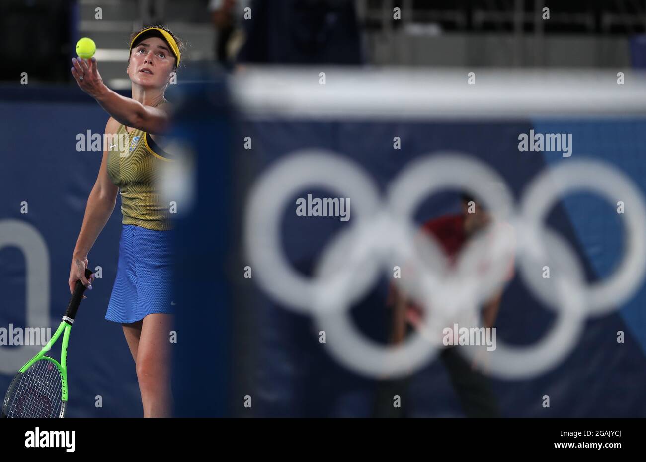 Tokyo, Japon. 31 juillet 2021. Elina Svitolina, de l'Ukraine, sert pendant le match de médaille de bronze des femmes de tennis contre Elena Rybakina, du Kazakhstan, aux Jeux Olympiques de Tokyo 2020 à Tokyo, au Japon, le 31 juillet 2021. Credit: Du Xiaoyi/Xinhua/Alay Live News Banque D'Images
