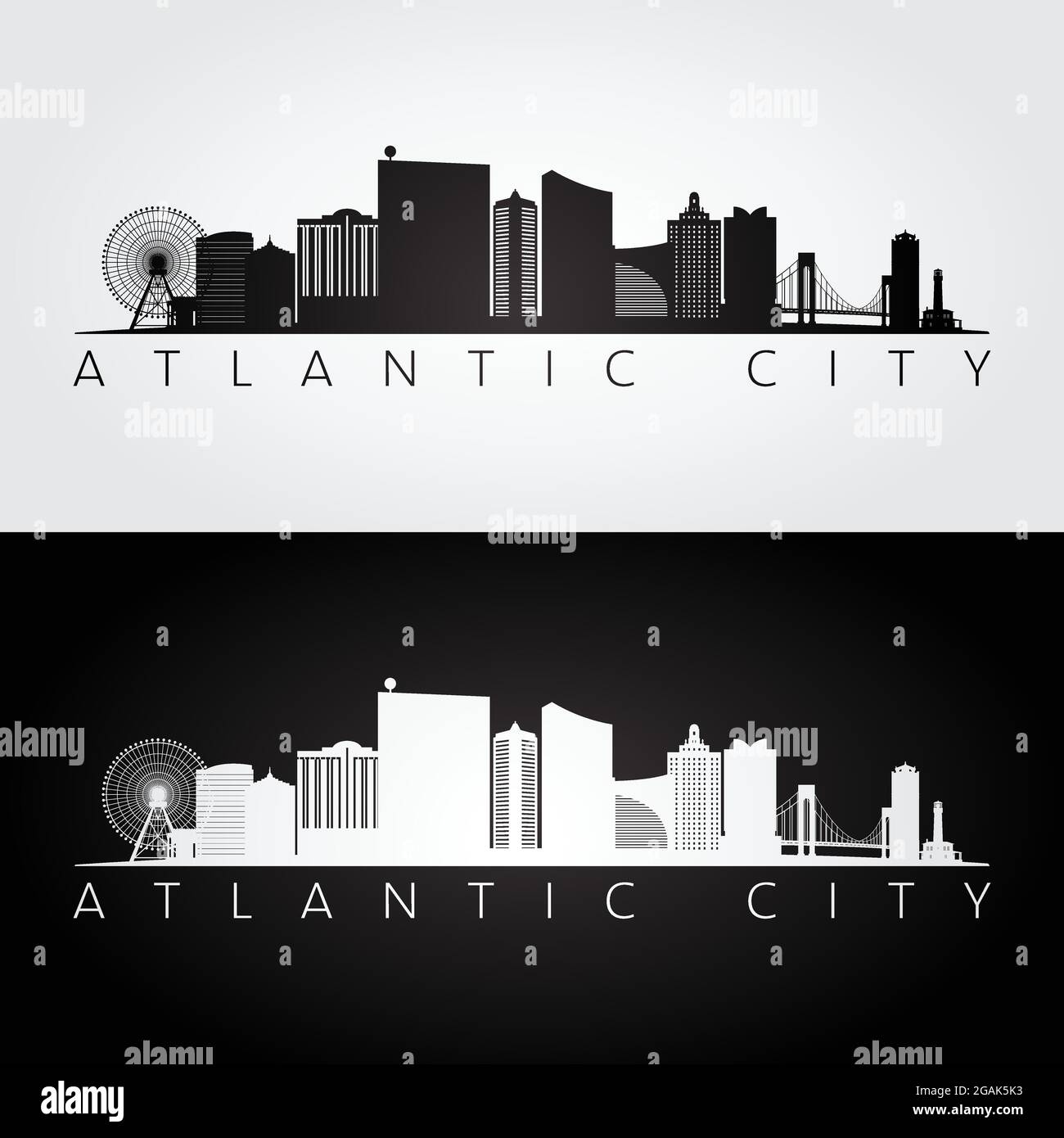 Ville atlantique, ligne d'horizon des États-Unis et silhouette de points d'intérêt, design noir et blanc, illustration vectorielle. Illustration de Vecteur
