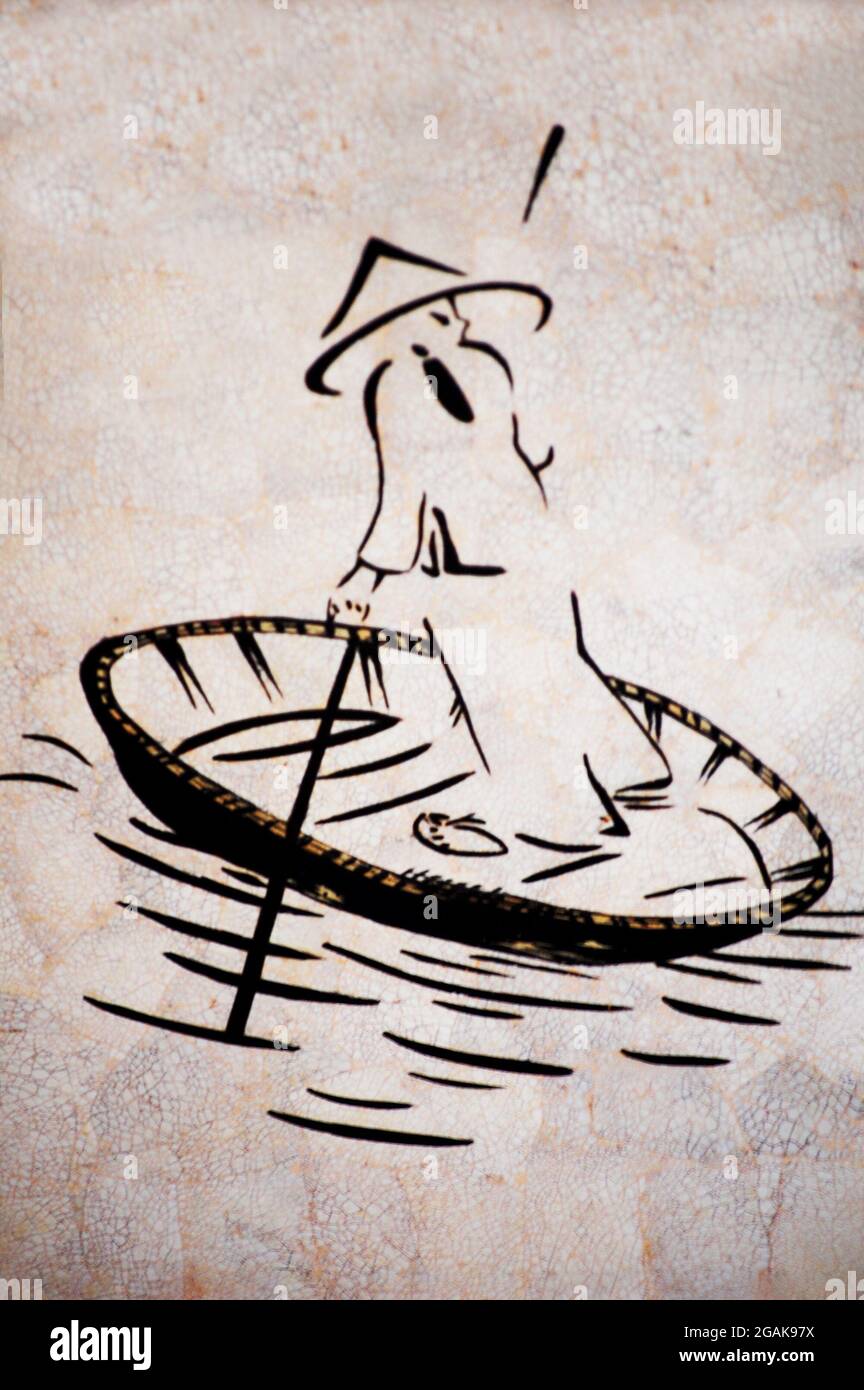 Dessin d'art de peinture sur papier style vietnamien pour le spectacle et la vente voyageurs personnes dans la galerie de studio dans la vieille ville de Ba Dinh ou le quartier français Squa Banque D'Images