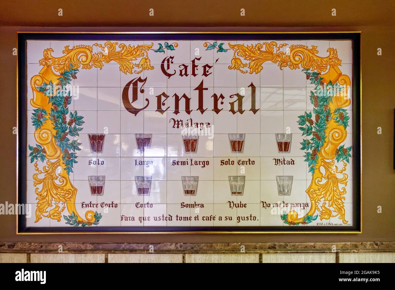 Kaffee Variationen im Cafe Central, Solo, Largo , Malaga, Costa del sol, Provinz Malaga, Andalousie, Espagnol, Europa, Banque D'Images