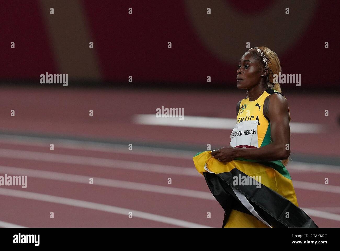 Tokyo, Japon. 31 juillet 2021. Elaine Thompson-Herah, de la Jamaïque, réagit lors de la finale du 100m féminin aux Jeux Olympiques de Tokyo 2020 à Tokyo, au Japon, le 31 juillet 2021. Crédit: Li Yibo/Xinhua/Alay Live News Banque D'Images