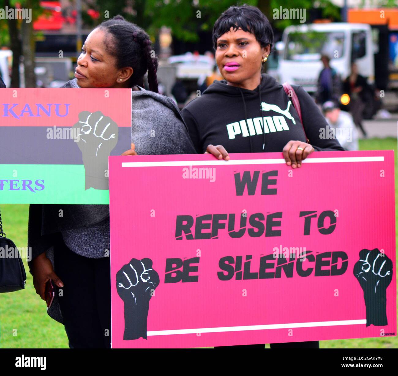 Une petite manifestation au nom d'Igbos au Nigeria à Piccadilly Gardens, Manchester, Angleterre, royaume-uni, le 31 juillet 2021. Leur brochure indique qu'ils « veulent résolument la liberté, l'autonomie et la défense d'Igbolan » et « il ne devrait plus y avoir d'assassinat illégal et sans suite d'actes de massacre d'Igbos au Nigeria ». Banque D'Images