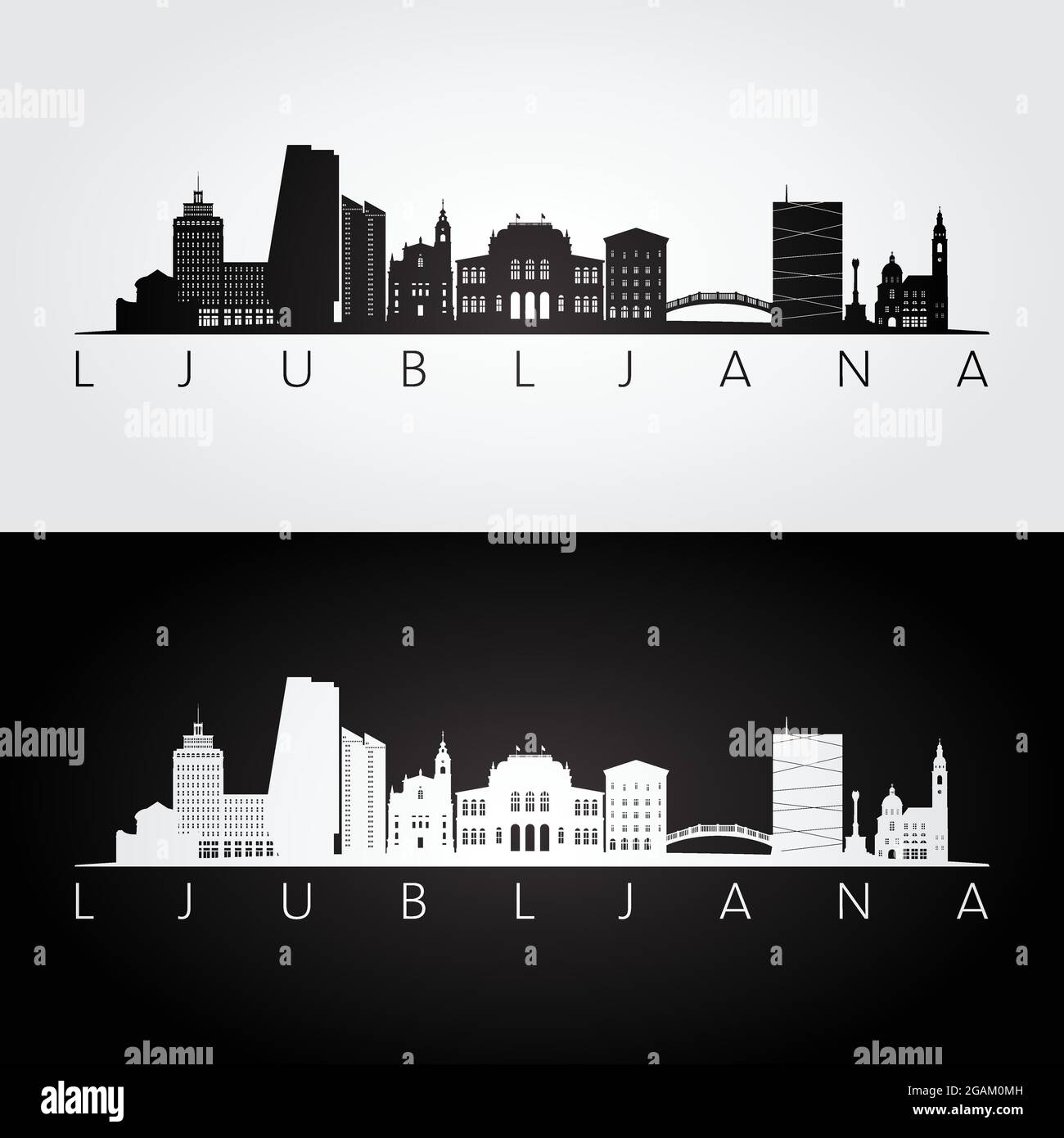 Silhouette des gratte-ciel et des repères de Ljubljana, design noir et blanc, illustration vectorielle. Illustration de Vecteur