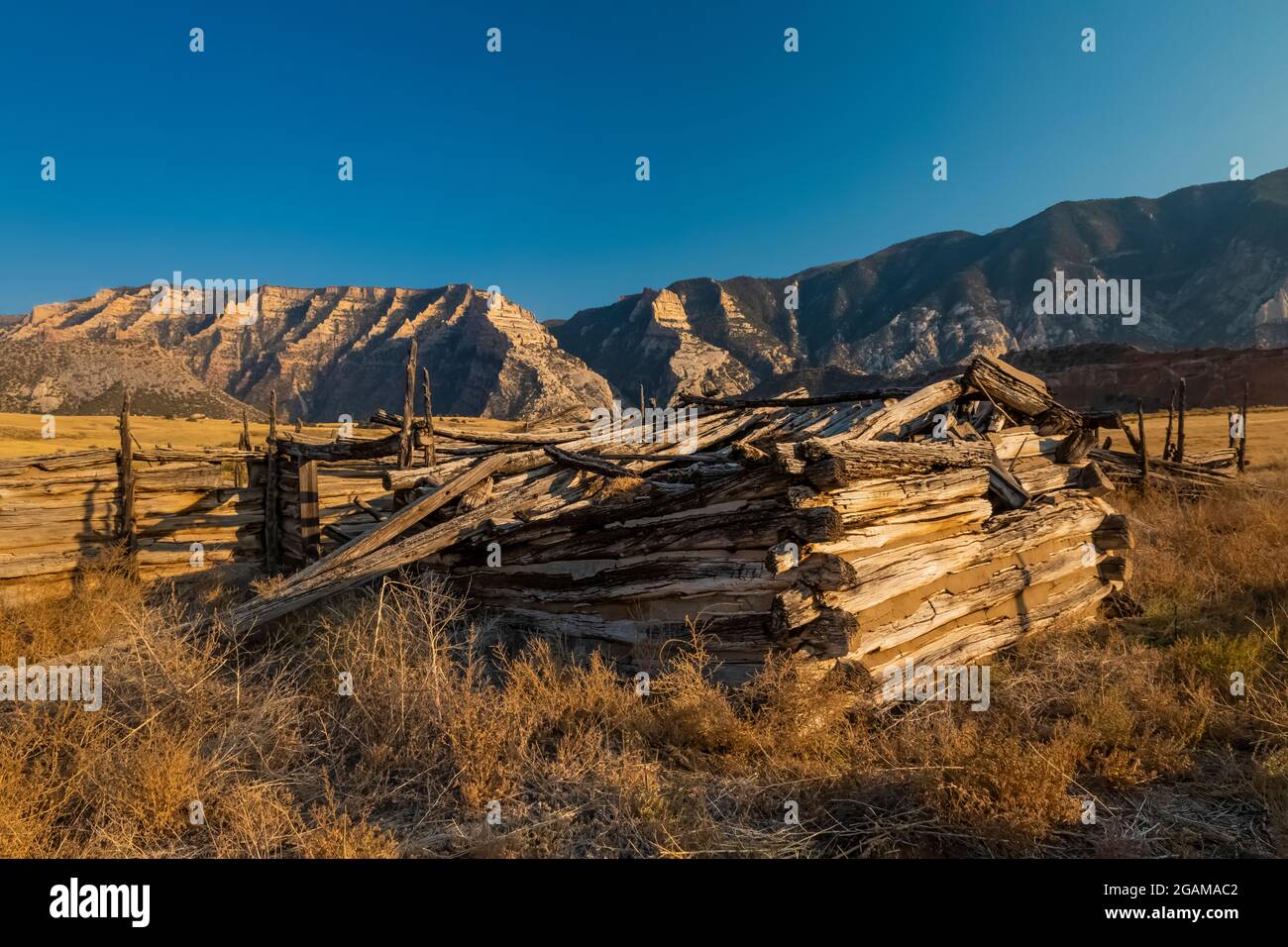 Grange en bois ou cabane à Ruple Ranch, une ancienne ferme à Island Park le long de la rivière Green, dans le monument national Dinosaur, Utah, États-Unis Banque D'Images