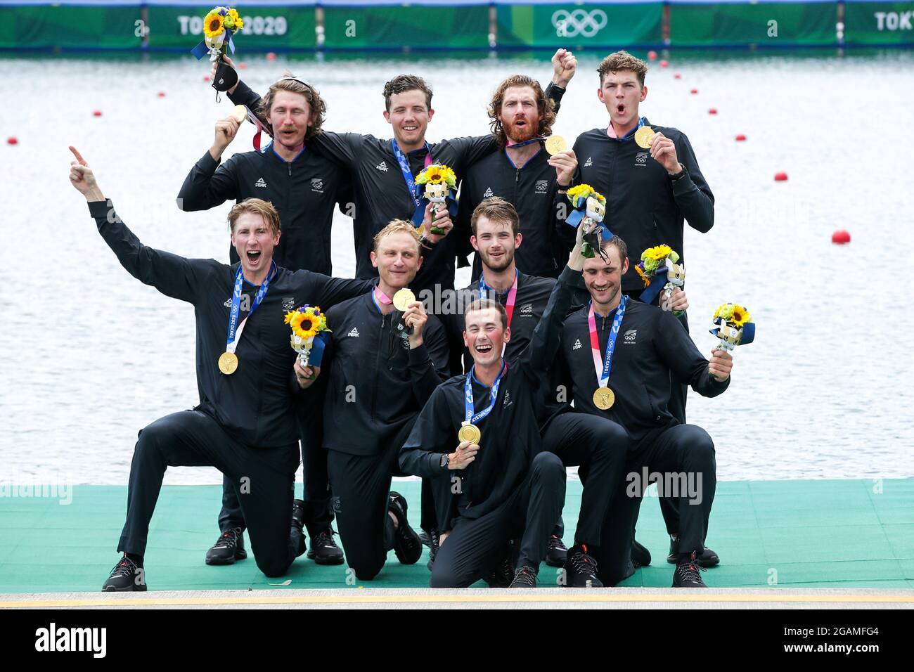 Thomas Mackintosh, Hamish Bond, Tom Murray, Michael Brake, Daniel Williamson, Phillip Wilson, Shaun Kirkham, Matt Macdonald, Sam Bosworth de Nouvelle-Zélande, Médaille d'or, pendant les Jeux Olympiques Tokyo 2020, Rowing Men's Eight, le 30 juillet 2021, sur la voie navigable de la forêt marine à Tokyo, Japon - photo PIM Waslander / Orange Pictures / DPPI Banque D'Images