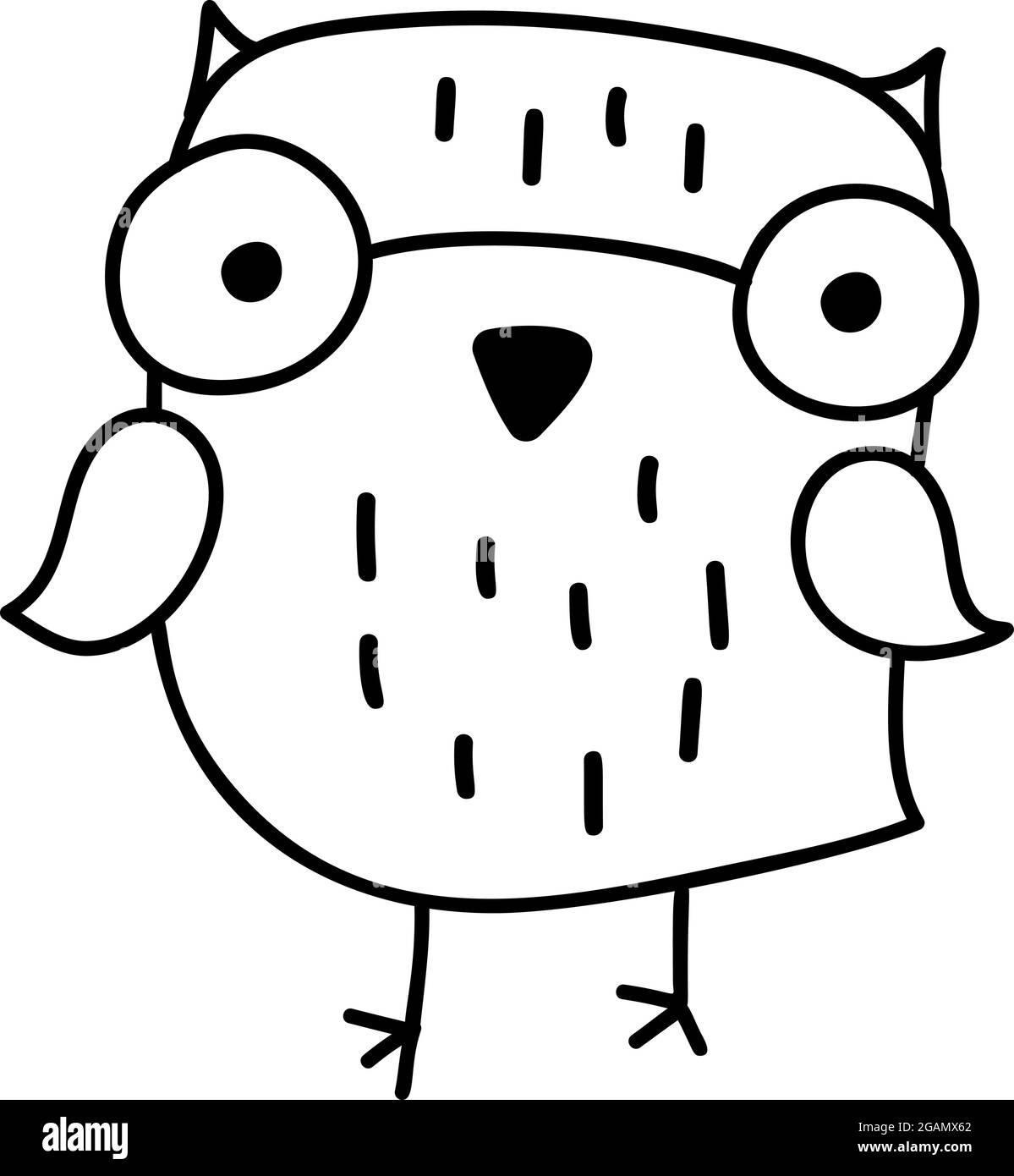 Dessin à la main noir blanc vecteur illustration hibou mouche oiseau dans des verres. Livre de coloriage d'art hibou. Joli dessin hibou assis. Hibou scandinave Illustration de Vecteur