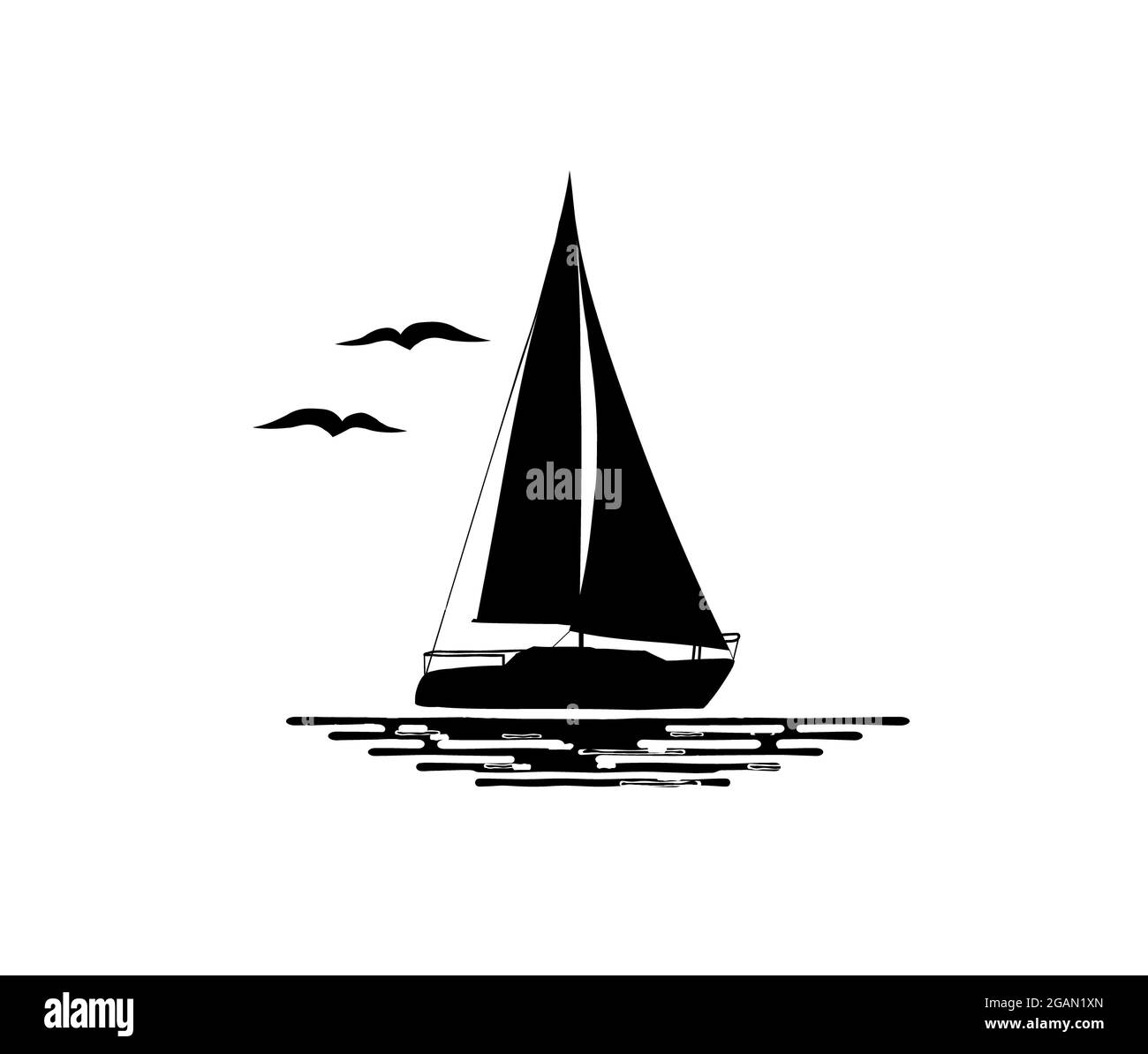 Illustration en noir et blanc d'un bateau à voile isolé sur fond blanc. Eau, oiseaux, silhouettes. Banque D'Images