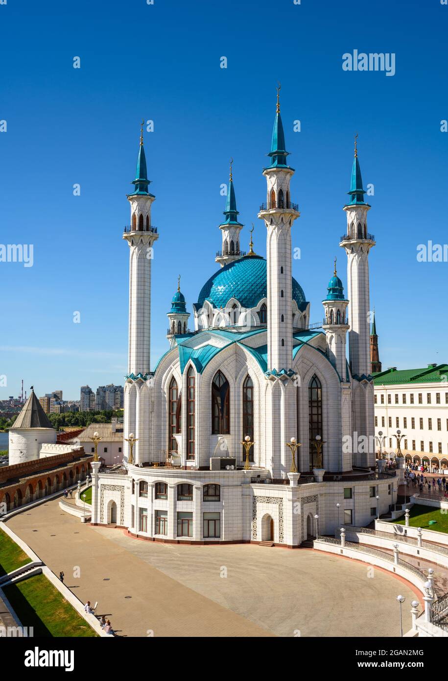 Mosquée Kul Sharif au Kremlin kazan, Tatarstan, Russie. C'est un monument célèbre de Kazan. Vue aérienne de la belle architecture islamique, attractions touristiques Banque D'Images