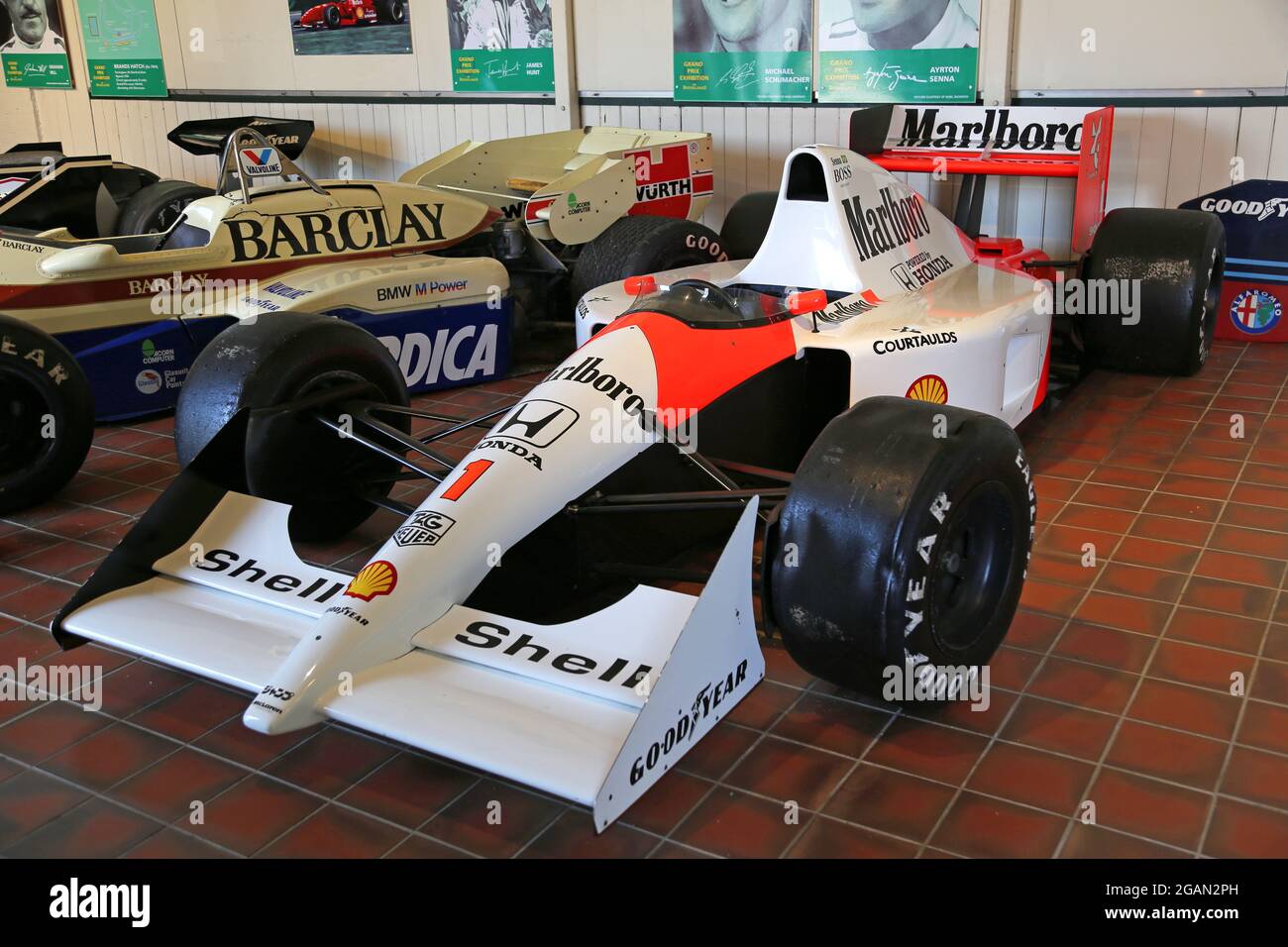 McLaren MP4/6 F1 (1991, voiture de spectacle), Grand Prix Collection,  Jackson Shed, Brooklands Museum, Weybridge, Surrey, Angleterre,  Grande-Bretagne, Royaume-Uni, Europe Photo Stock - Alamy