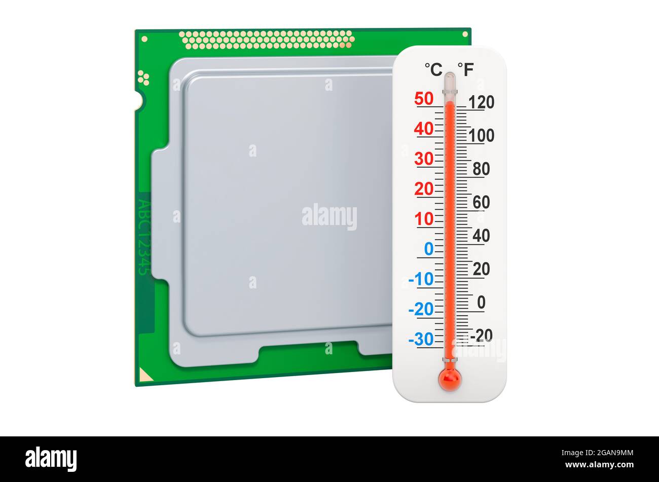 Processeur avec thermomètre. Concept de surchauffe de l'unité de processeur de l'ordinateur, rendu 3D isolé sur fond blanc Banque D'Images