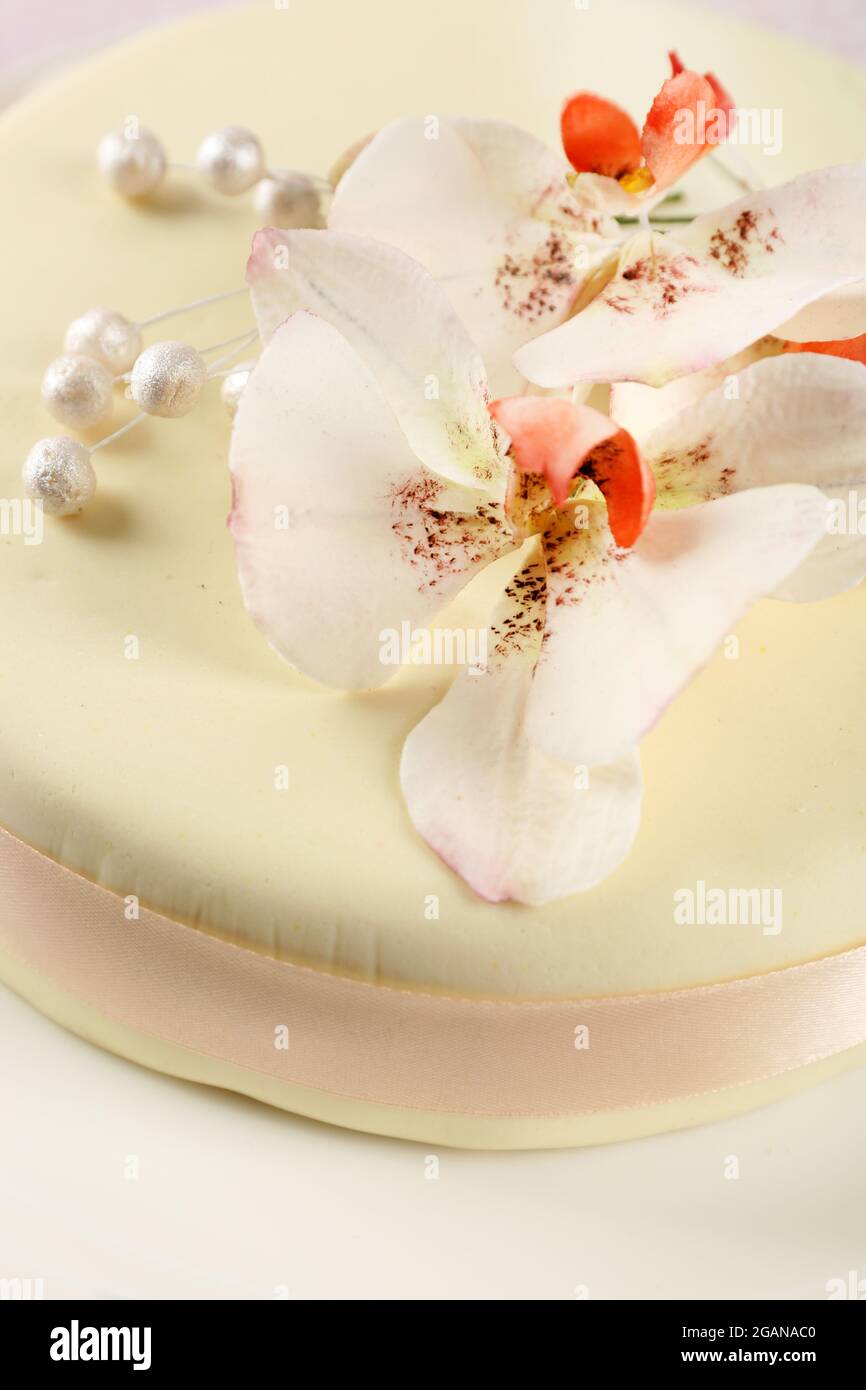 Gateau Avec Des Fleurs De Pate De Sucre Sur Fond Clair Photo Stock Alamy