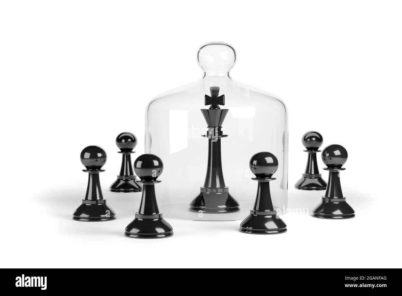 Échecs roi dans une cloche entourée de pions isolés sur fond blanc. illustration 3d. Banque D'Images
