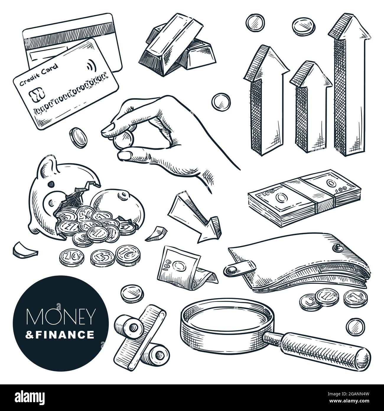 Icônes d'esquisse de vecteur d'argent, d'investissement et de finance. Crise, pertes financières et faillite dessinés à la main des éléments de conception isolés sur fond blanc Illustration de Vecteur
