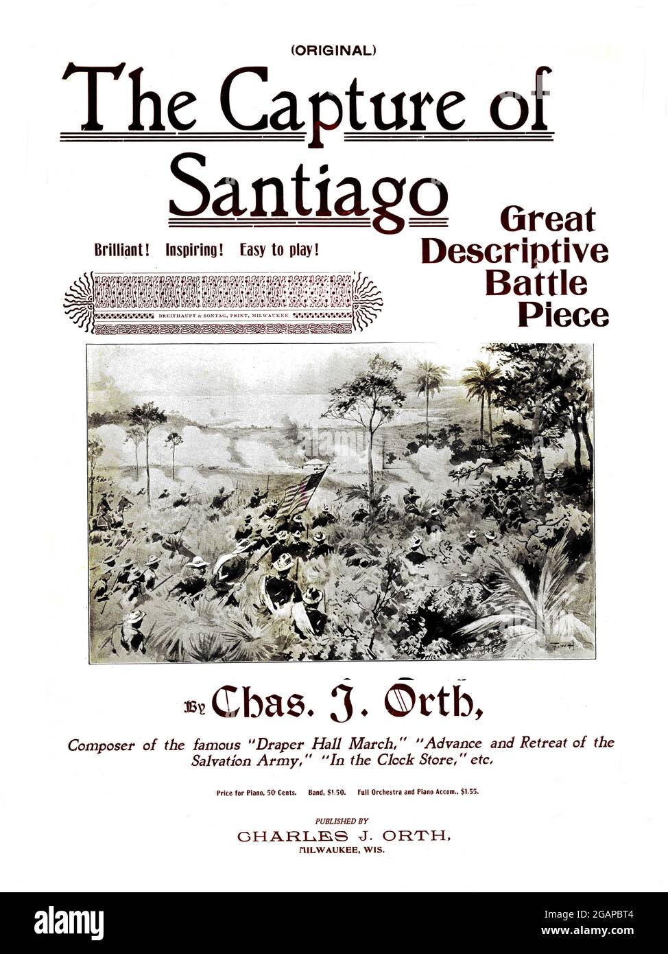 La capture de Santiago, 1898 Spanish-American War partitions de musique avec scène de bataille illustrée. Banque D'Images