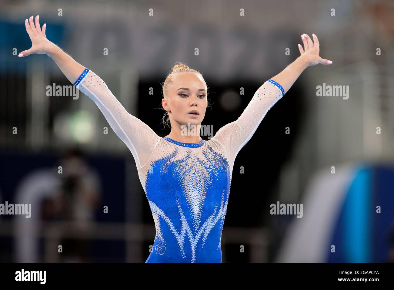 Tokyo, Japon, 27 juillet 2021. Angelina Melnikova de l'équipe ROC lors de la finale de l'équipe féminine de gymnastique artistique du 4 e jour des Jeux Olympiques de Tokyo en 2020. Credit: Pete Dovgan/Speed Media/Alay Live News Banque D'Images