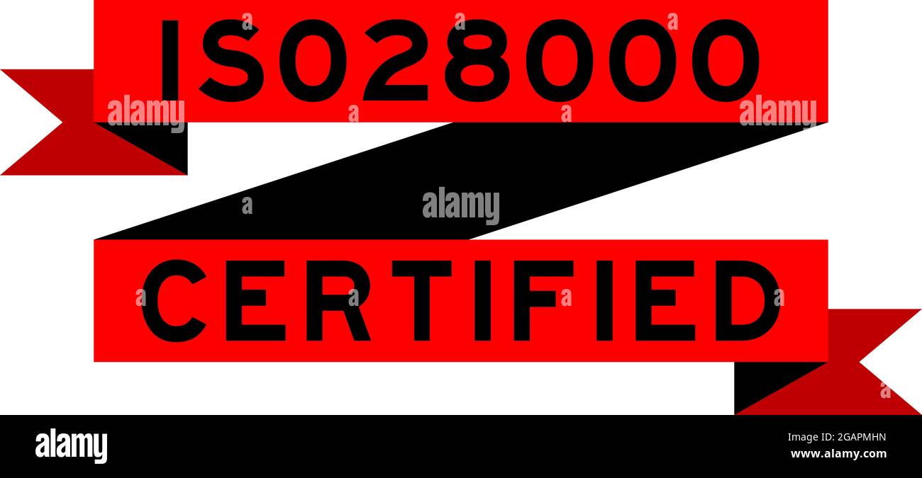 Bannière ruban rouge vintage avec mot ISO 28000 certifié sur fond blanc Illustration de Vecteur