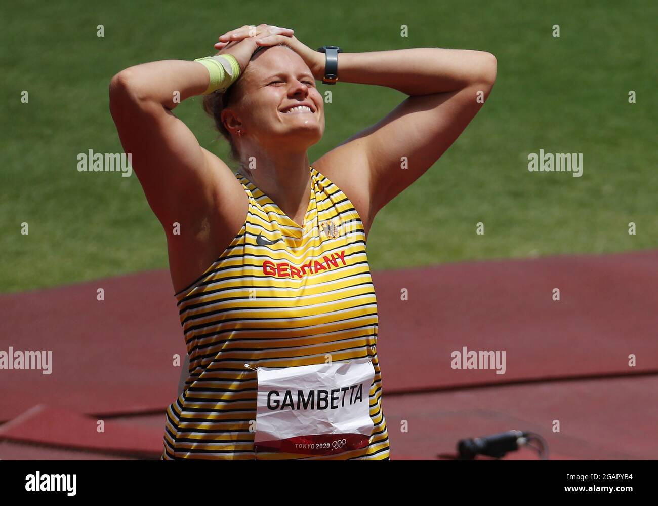 Tokyo, Japon. 1er août 2021. Sara Gambetta, de l'Allemagne, réagit après son coup dans les finales du coup de la Femme lors de la compétition Athletics lors des Jeux Olympiques d'été de Tokyo, au Japon, le dimanche 1er août 2021. Photo de Bob Strong/UPI. Crédit : UPI/Alay Live News Banque D'Images