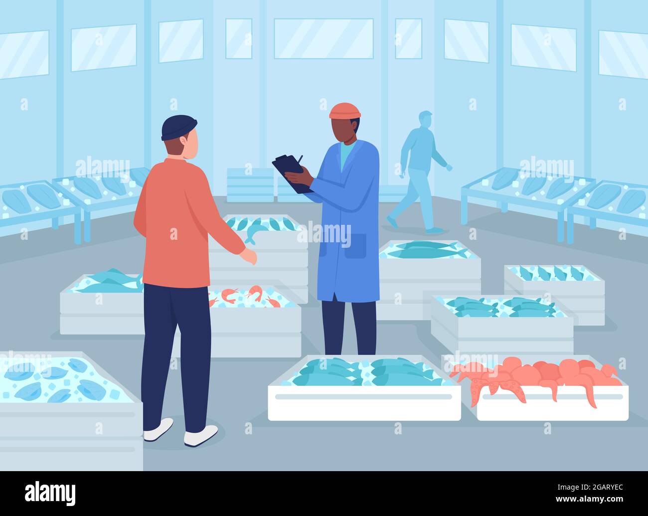 Illustration vectorielle de couleur plate du marché des fruits de mer en gros Illustration de Vecteur
