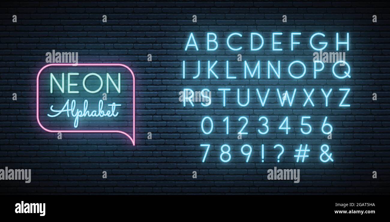 Police bleu fluo. Lettre et chiffres anglais. Lettres claires sur un mur sombre. Modèle vectoriel. Illustration de Vecteur