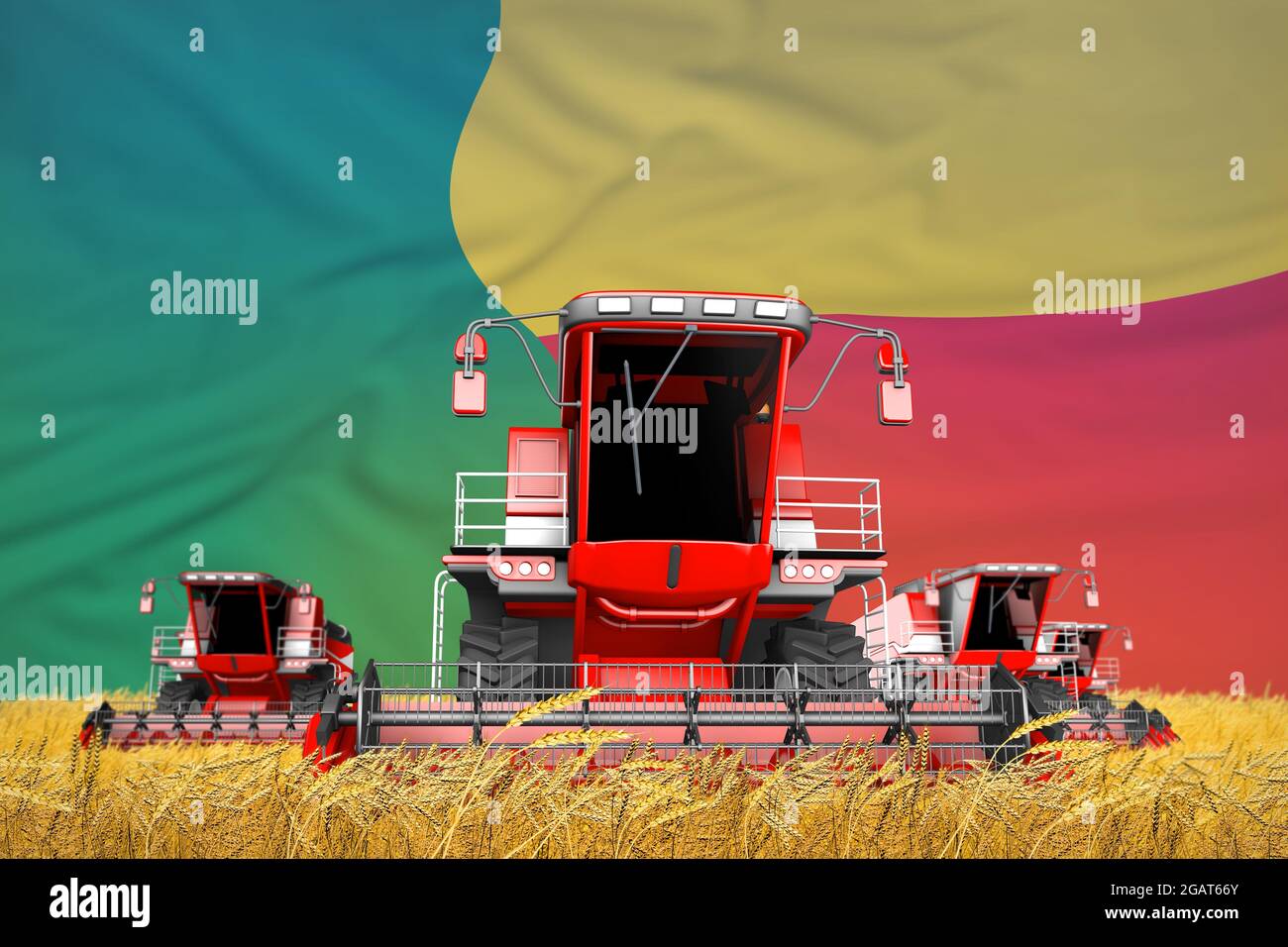 Quatre moissonneuses-batteuses rouge vif sur le terrain agricole avec fond de drapeau, concept agricole du Bénin - illustration 3D industrielle Banque D'Images Quatre moissonneuses-batteuses rouge vif sur le terrain agricole avec fond de drapeau, concept agricole du Bénin - illustration 3D industrielle Banque D'Images