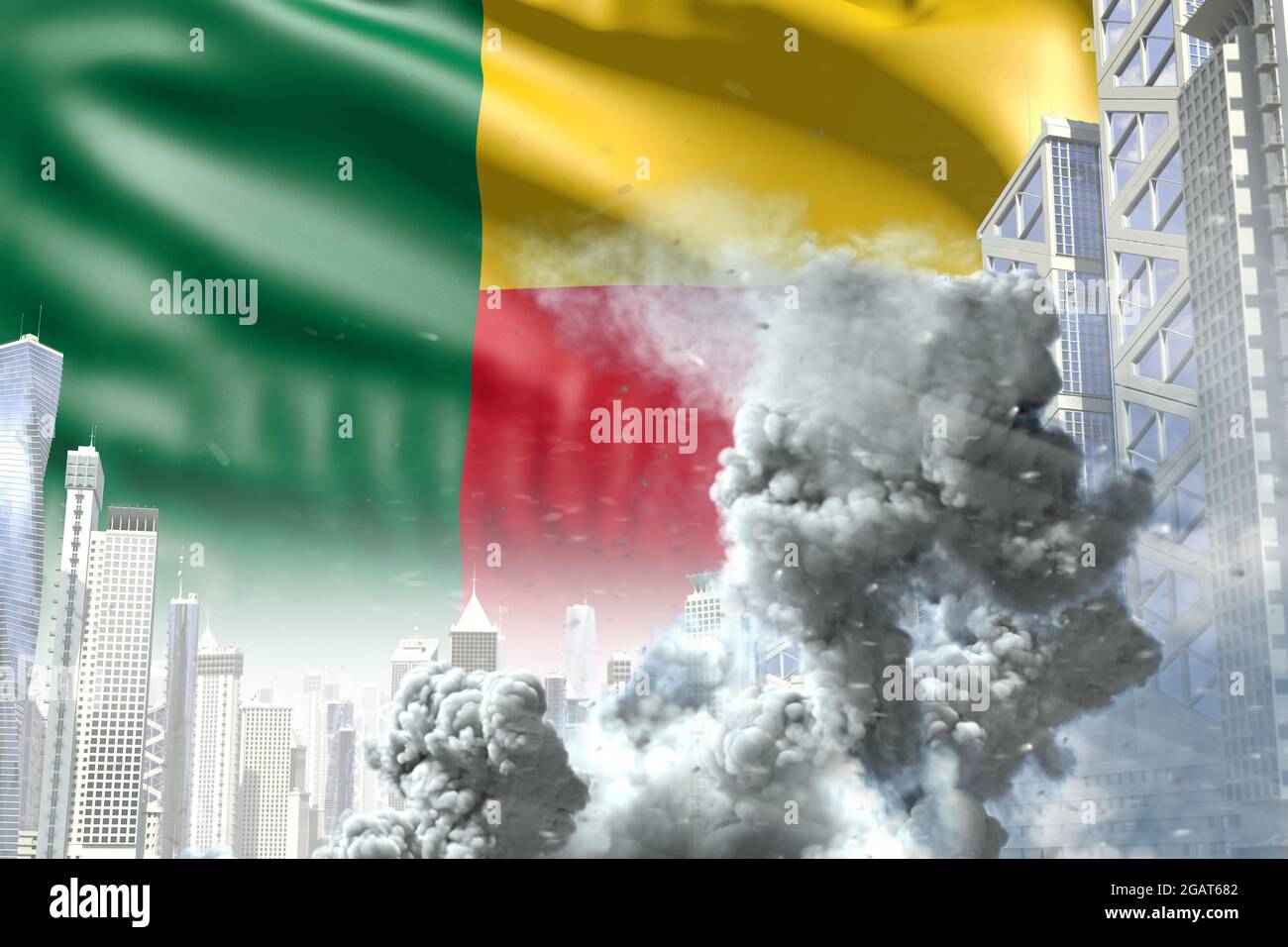 Énorme pilier de fumée dans la ville abstraite - concept d'accident industriel ou d'acte de terreur sur fond de drapeau du Bénin, illustration 3D industrielle Banque D'Images Énorme pilier de fumée dans la ville abstraite - concept d'accident industriel ou d'acte de terreur sur fond de drapeau du Bénin, illustration 3D industrielle Banque D'Images