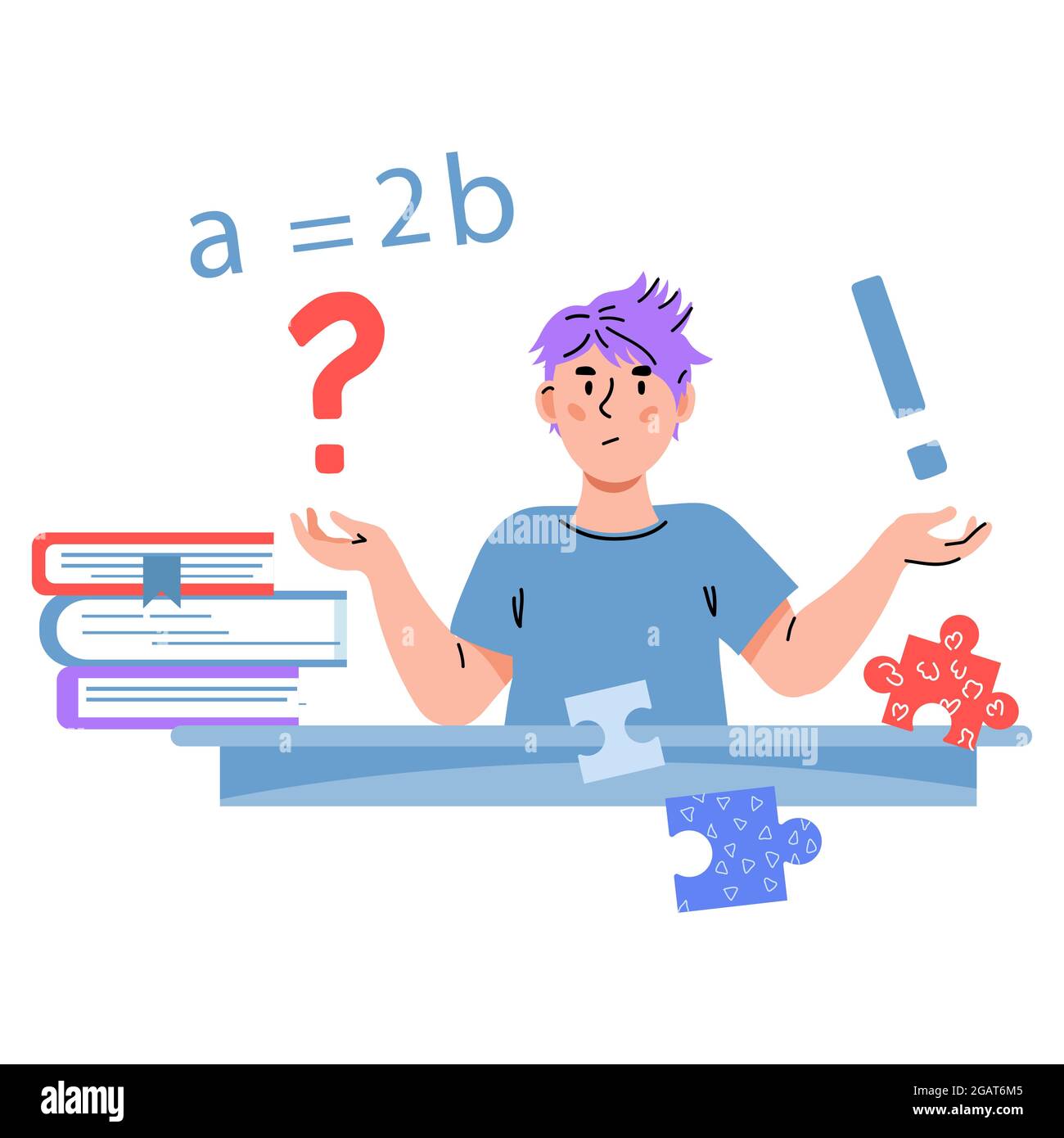 Enfant ayant la question pendant l'étude. Garçon assis à la table avec une expression de visage confuse assis à la table entourée de points d'interrogation, dessin animé vect Illustration de Vecteur