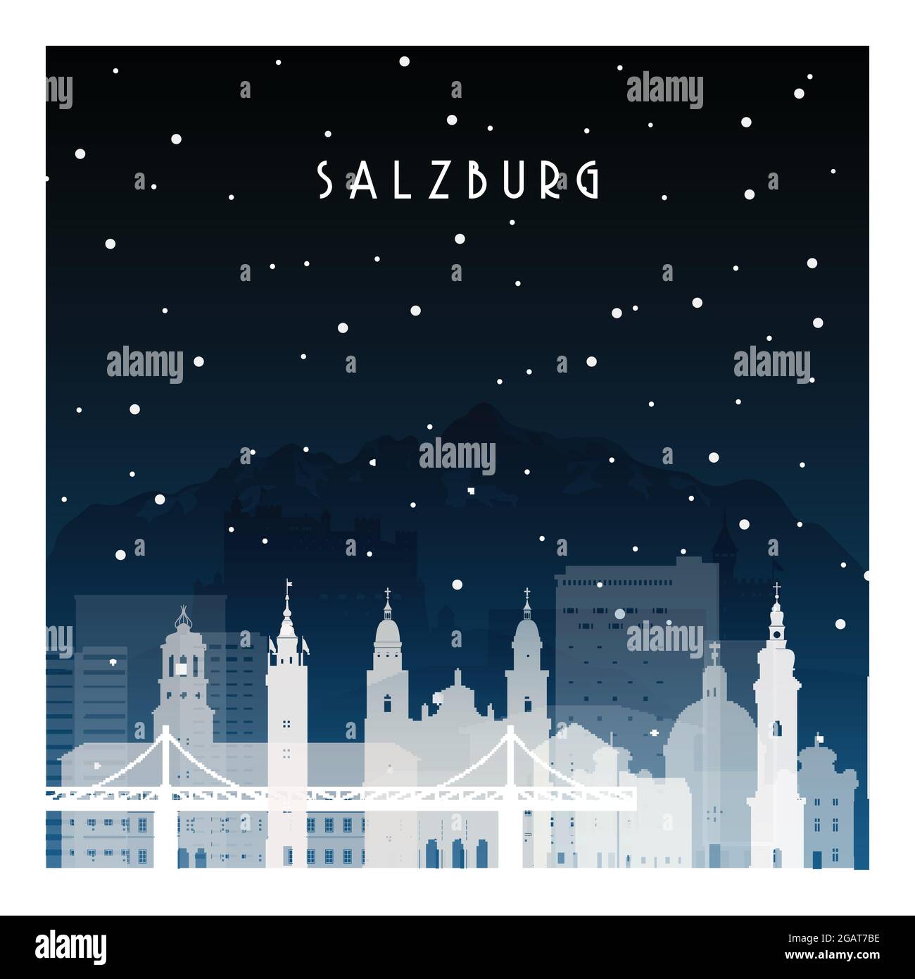 Nuit d'hiver à Salzbourg. Ville nocturne de style plat pour bannière, affiche, illustration, arrière-plan. Illustration de Vecteur