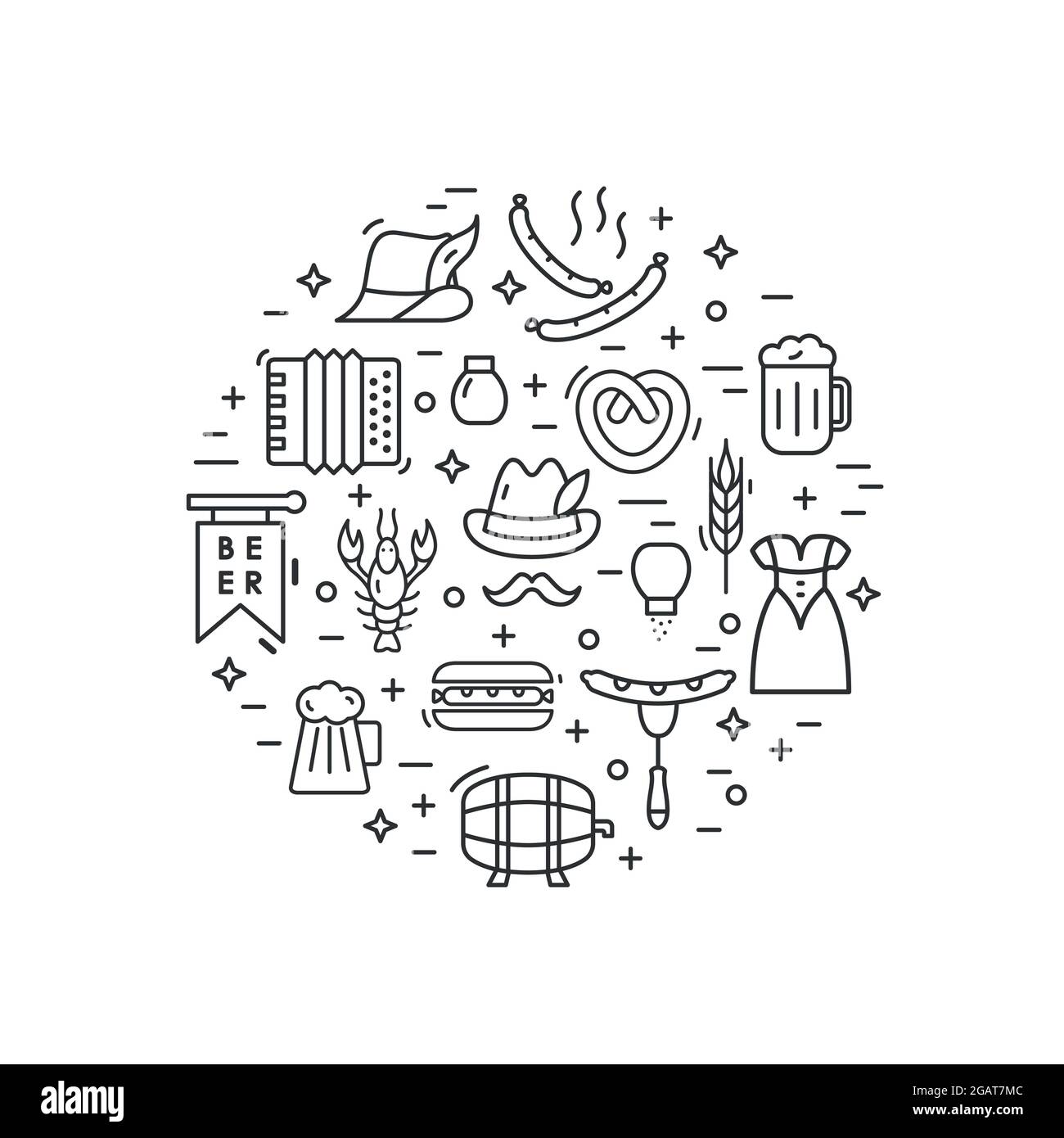 Illustration Oktoberfest en vecteur de style ligne. Comprend les icônes des saucisses, de la bière, du bretzel, de l'accordéon, du chapeau, piquet, hot dog, fût à bière, cance Illustration de Vecteur