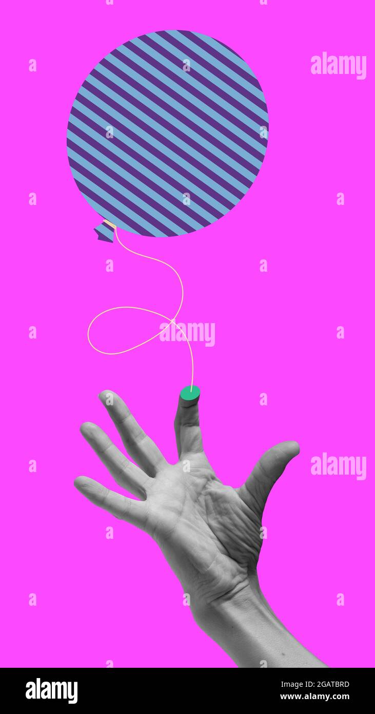 Illustration surréaliste contemporaine. Collage d'art conceptuel moderne avec un ballon volant hors du doigt. Banque D'Images