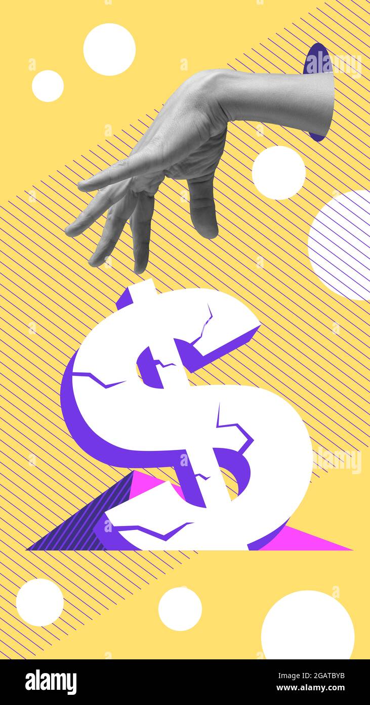 Illustration surréaliste contemporaine. Collage d'art conceptuel moderne avec une main jetant un symbole de dollar cassé dans un trou. Banque D'Images