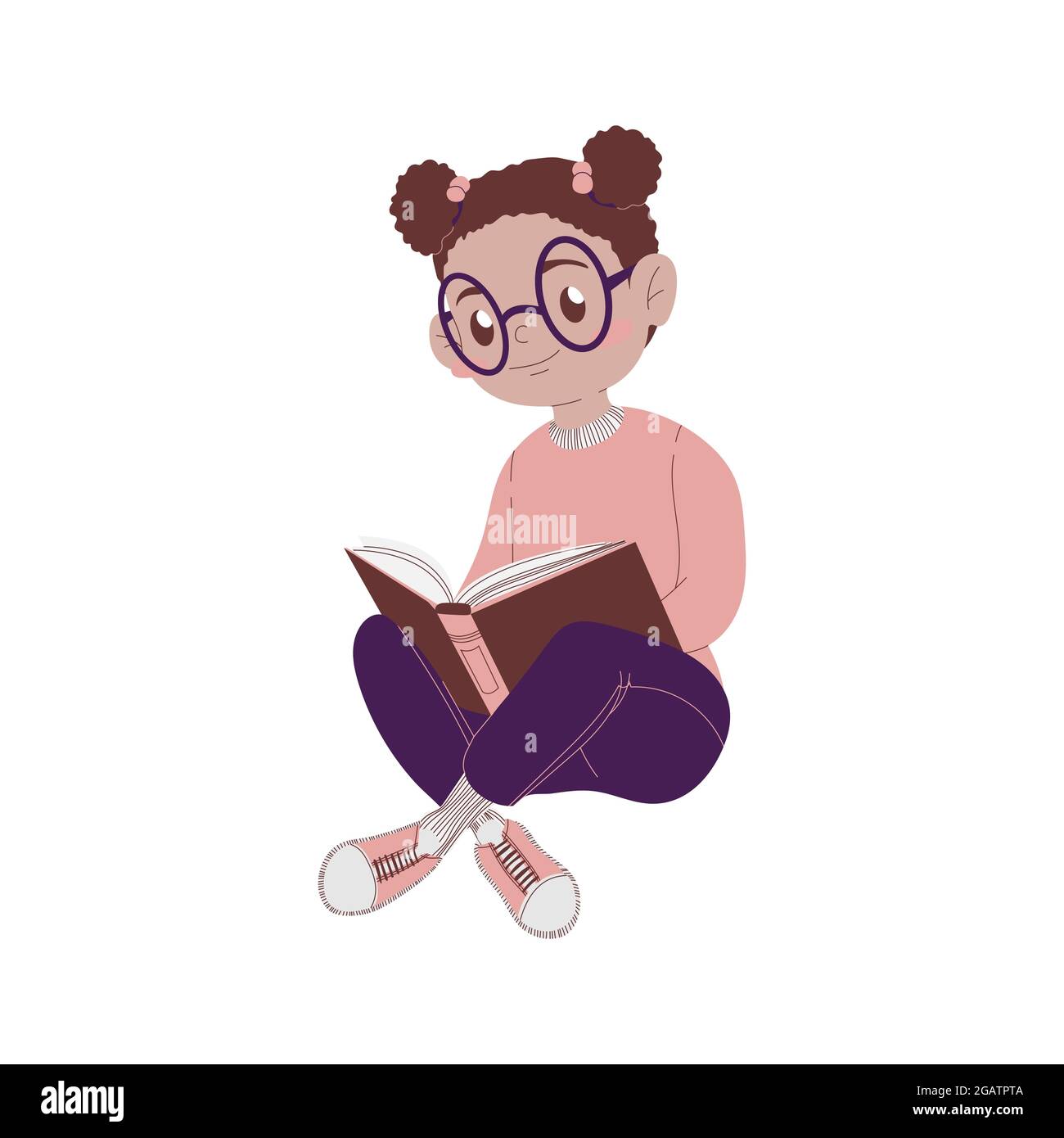 Petite fille américaine africaine avec des lunettes s'assoit et lit un livre. Concept de retour à l'école et d'étude. Une écolière avec des verres étudie. Illustration vectorielle Illustration de Vecteur