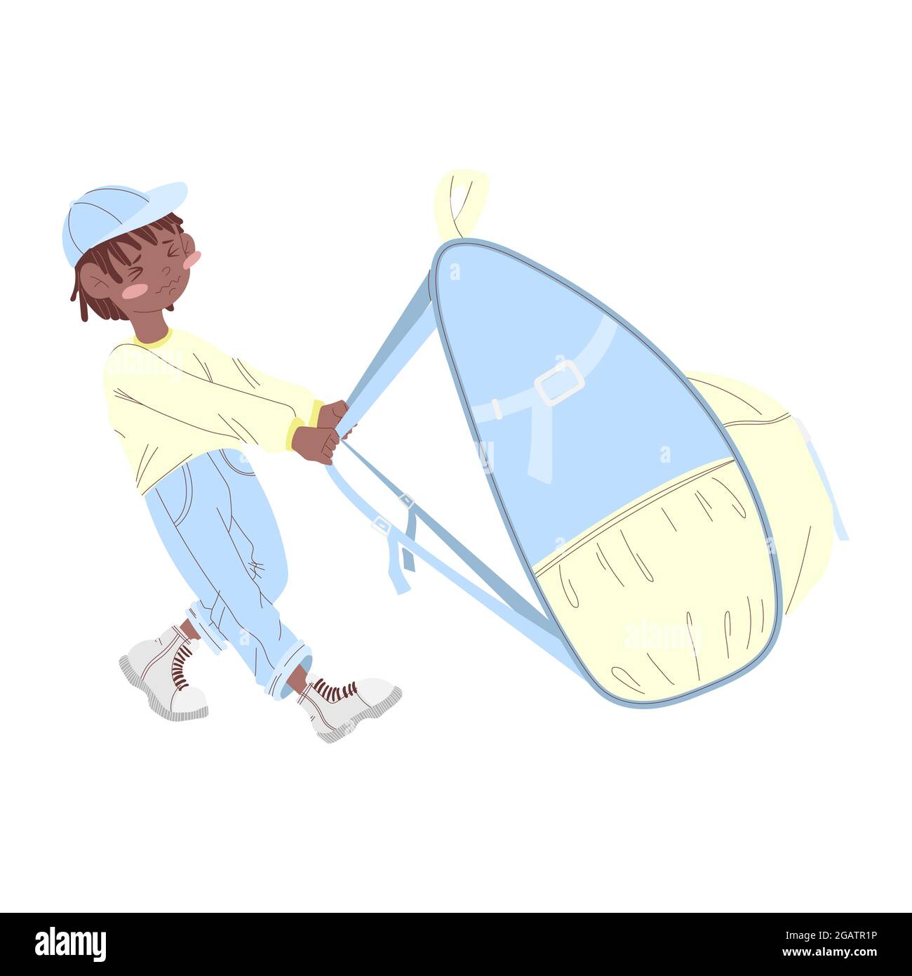 Un garçon afro-américain dans une casquette tire un grand sac à dos. Concept de retour à l'école. Illustration de dessin animé à plat, isolée sur fond blanc. PR Illustration de Vecteur