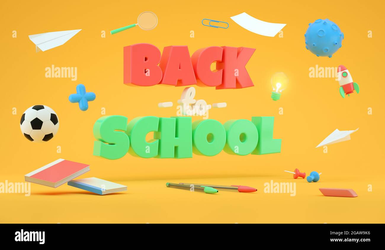 Happy Back to School fond coloré avec lettrage et différents objets sur les écoliers pour la conception de bannières en 3D Banque D'Images