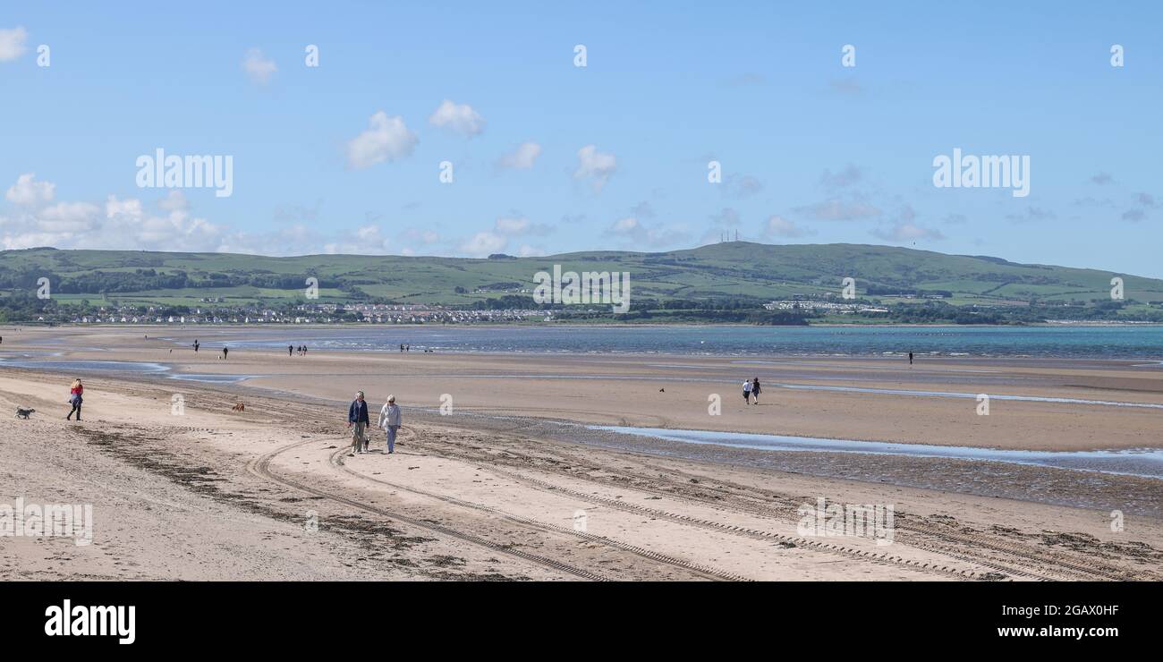 Marcheurs pour chiens sur Ayr Beach en regardant vers les têtes d'Ayr, Ayrshire, Écosse, Royaume-Uni quand la marée est sortie Banque D'Images