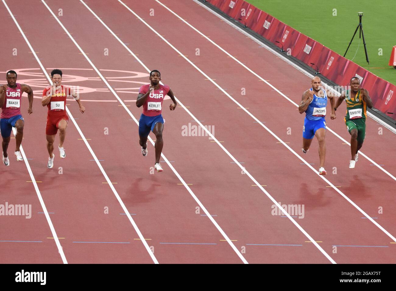 Ronnie Baker (Etats-Unis), Bingtian su (CHN), Fred Kerley (Etats-Unis), Lamont Marcell Jacobs (ITA), Akani Simbine (RSA), finale masculine de 100m lors des Jeux Olympiques Tokyo 2020, Athlétisme, le 1er août 2021 au stade olympique de Tokyo, Japon - photo Yoann Cambefort / Marti Media / DPPI Banque D'Images