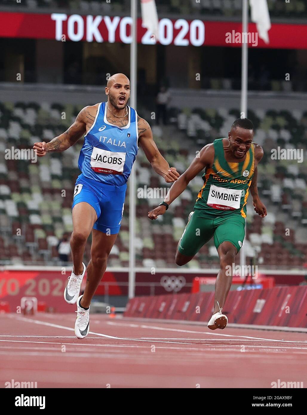 Tokyo, Japon. 1er août 2021. Lamont Marcell Jacobs, d'Italie, participe à la finale de 100m masculin aux Jeux Olympiques de Tokyo 2020 à Tokyo, au Japon, le 1er août 2021. Credit: Li Gang/Xinhua/Alay Live News Banque D'Images