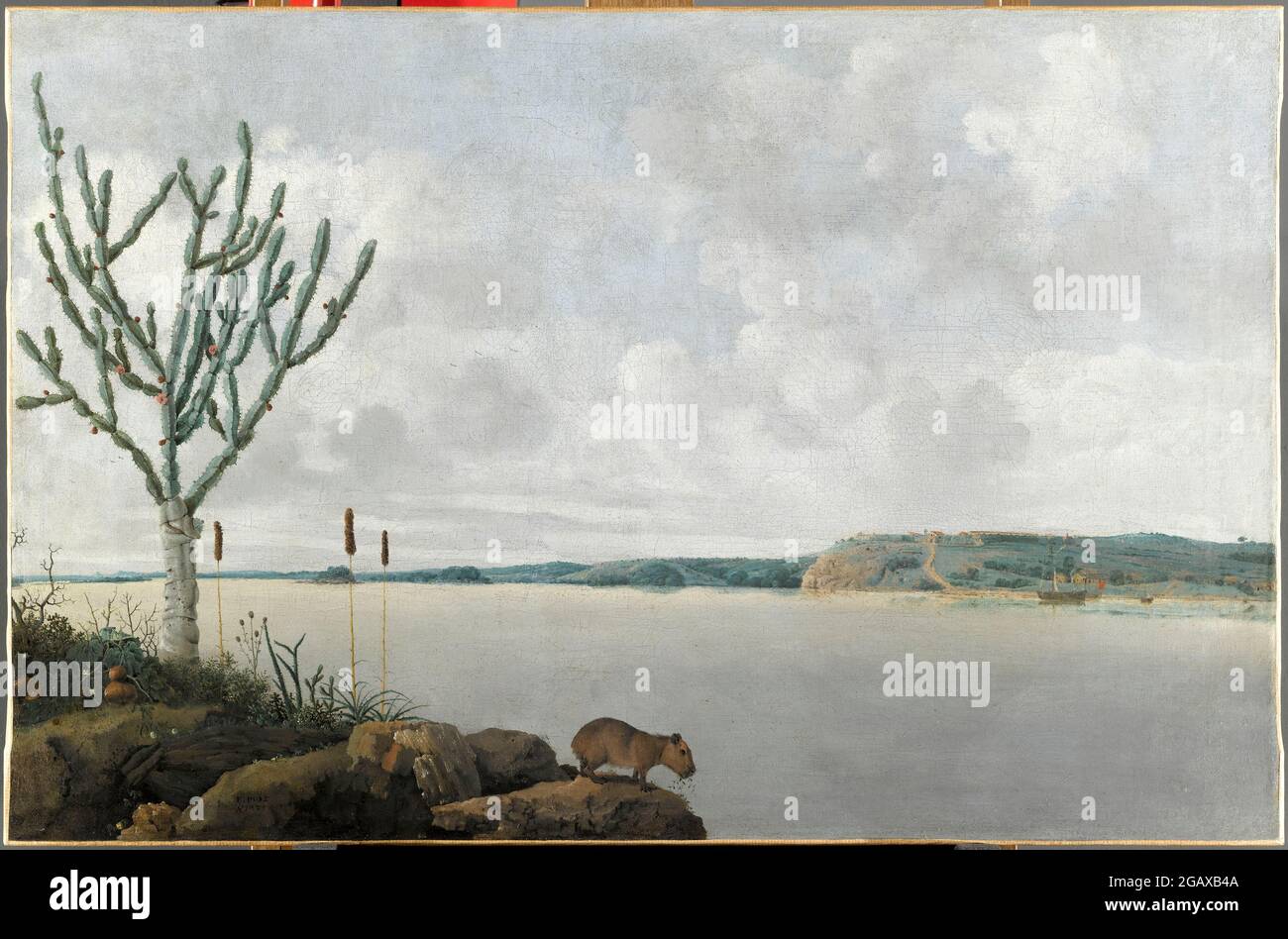 Titre: Le Rio São Francisco et le fort Maurits, avec un Capybara dans le Foreground / O Rio São Francisco e o forte Maurits, com uma Capivara em Primeiro Plano Créateur: Frans Janszoon Post Date: 1635 Moyen: Huile sur toile Dimensions: 60 x 95 cm emplacement: Musée du Louvre Banque D'Images