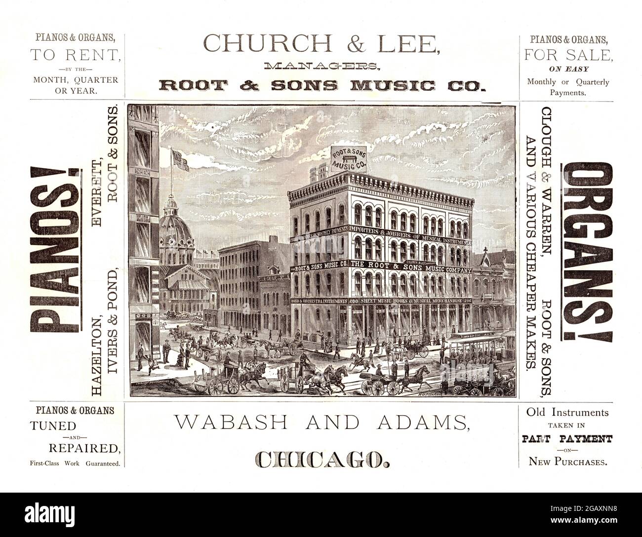 Publicité pour Root & Sons, revendeur de piano et d'orgue, Chicago, Illinois, env. 1903 avec lithographie des bâtiments '/:et des chevaux et des buggies. Banque D'Images