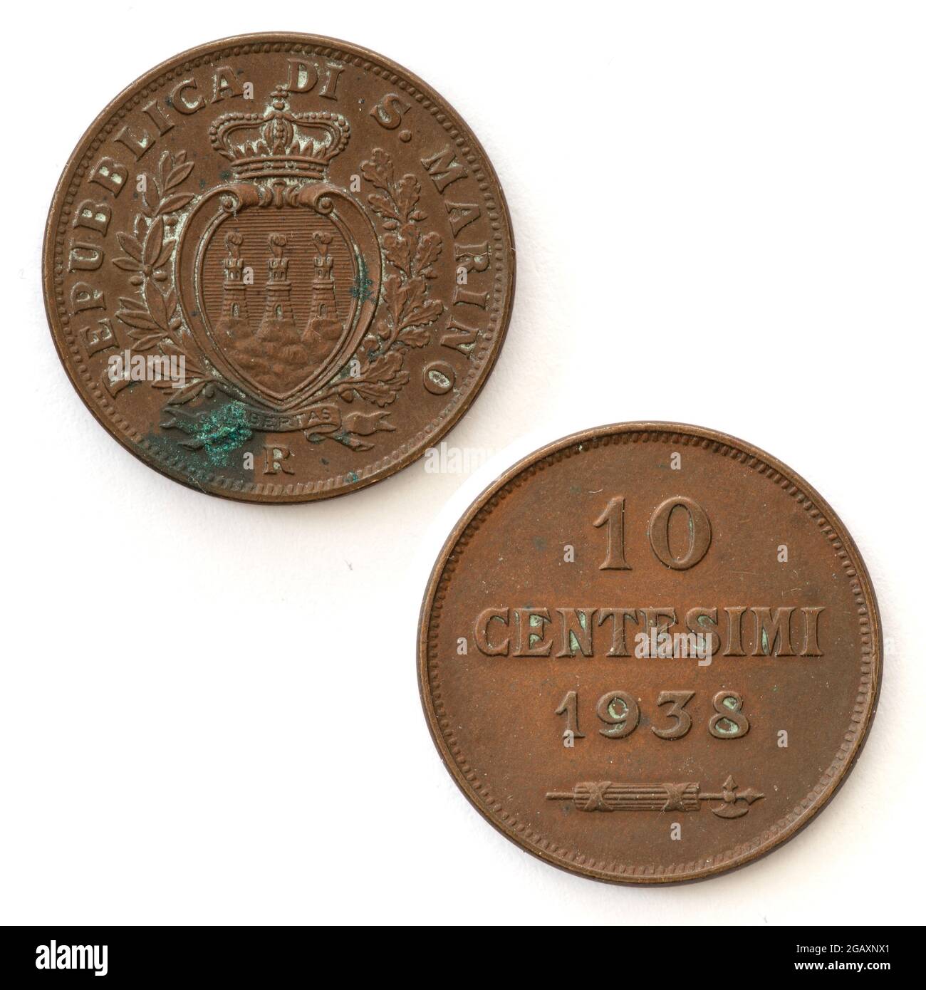 Saint-Marin 10 pièce Centesimi -1938 Banque D'Images