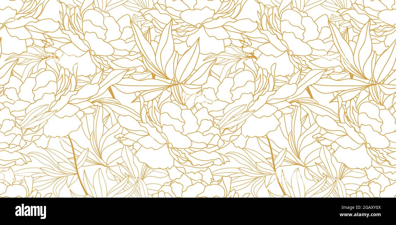 Motif sans couture avec lignes dorées, belles feuilles de pivoines, fleurs et bourgeons de couleur blanche. Illustration de Vecteur