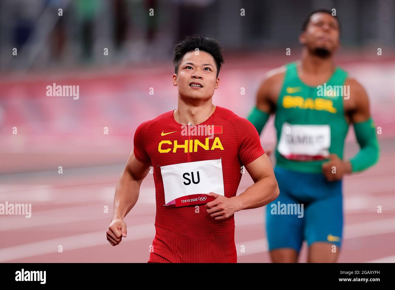 Tokyo, Japon, 1er août 2021. Bingtian su de Team China traverse la ligne pendant la demi-finale de 100m masculin le jour 9 des Jeux Olympiques de Tokyo 2020 . Credit: Pete Dovgan/Speed Media/Alay Live News Banque D'Images