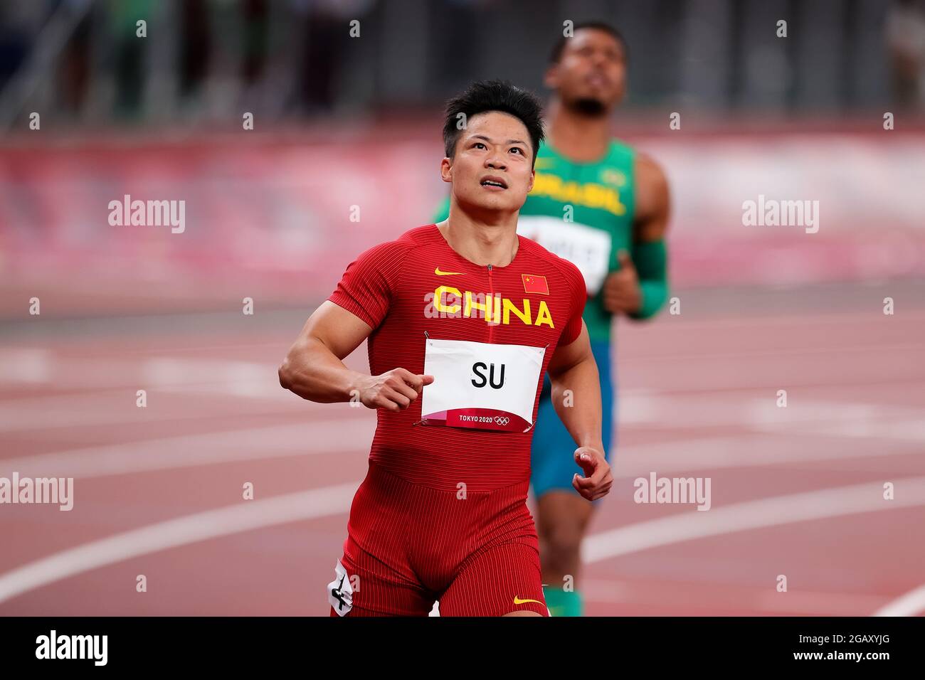 Tokyo, Japon, 1er août 2021. Bingtian su de Team China traverse la ligne pendant la demi-finale de 100m masculin le jour 9 des Jeux Olympiques de Tokyo 2020 . Credit: Pete Dovgan/Speed Media/Alay Live News Banque D'Images