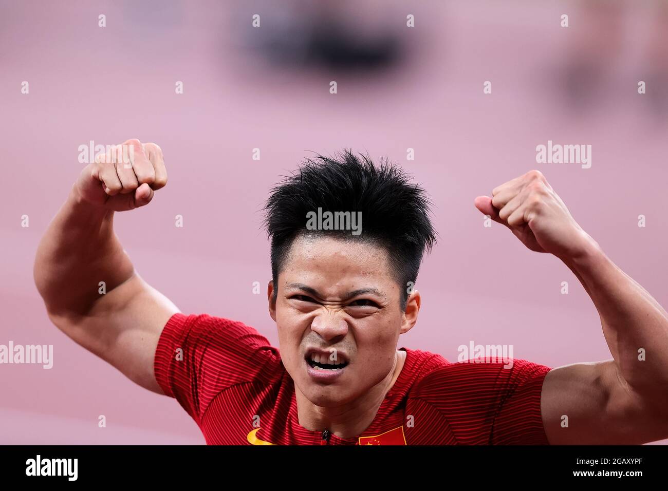 Tokyo, Japon, 1er août 2021. Bingtian su de Team China fête pendant la demi-finale de 100m masculin le jour 9 des Jeux Olympiques de Tokyo 2020 . Credit: Pete Dovgan/Speed Media/Alay Live News Banque D'Images