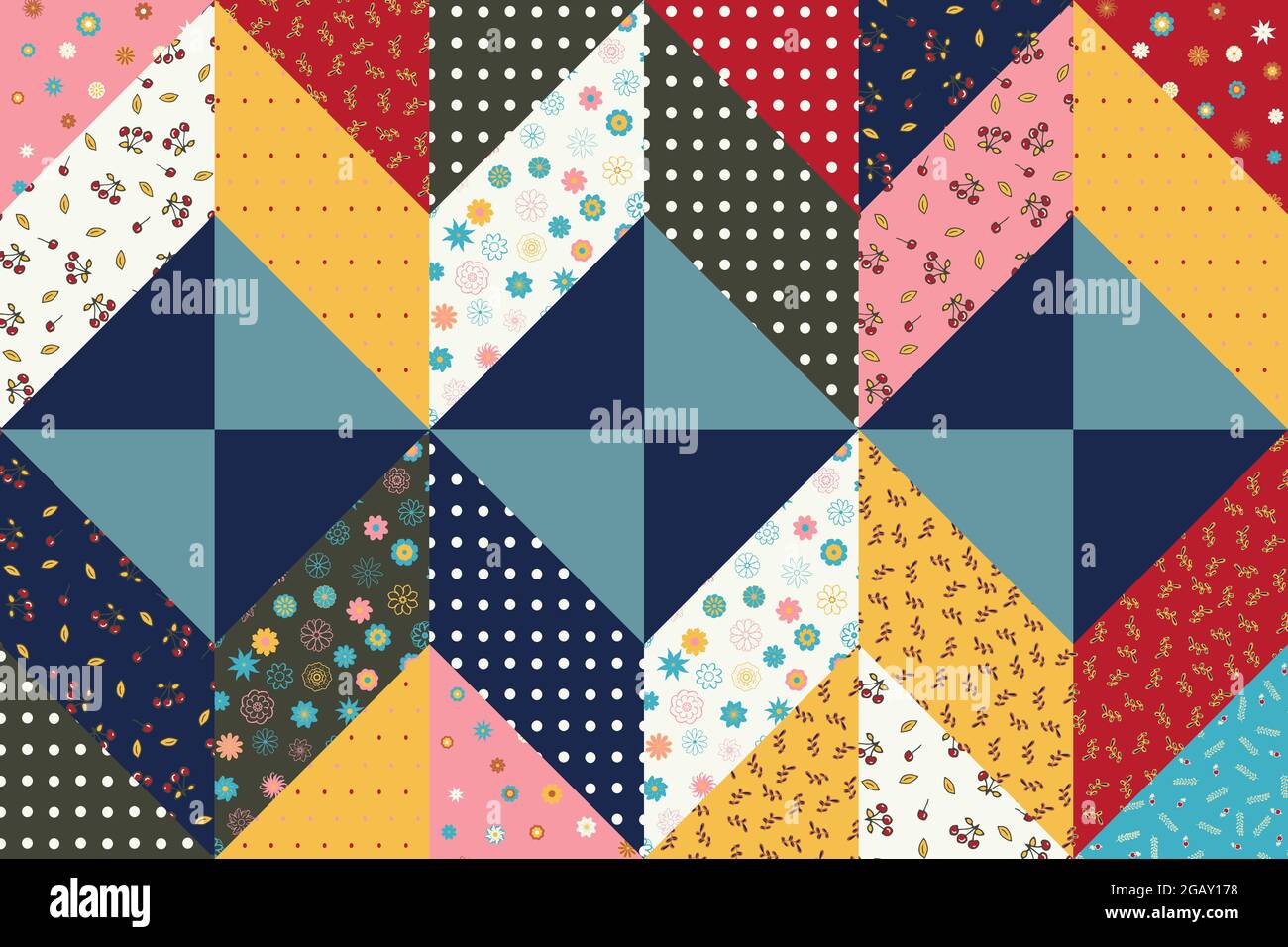 Motif sans couture d'une courtepointe patchwork en morceaux de tissu aux motifs différents. Décoration florale, pois, couleurs d'automne. Illustration de Vecteur