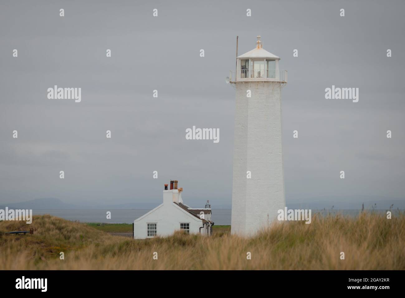 Le phare de Walney et le cottage sur l'île de Walney dans les prairies au bord de la mer d'Irlande Banque D'Images