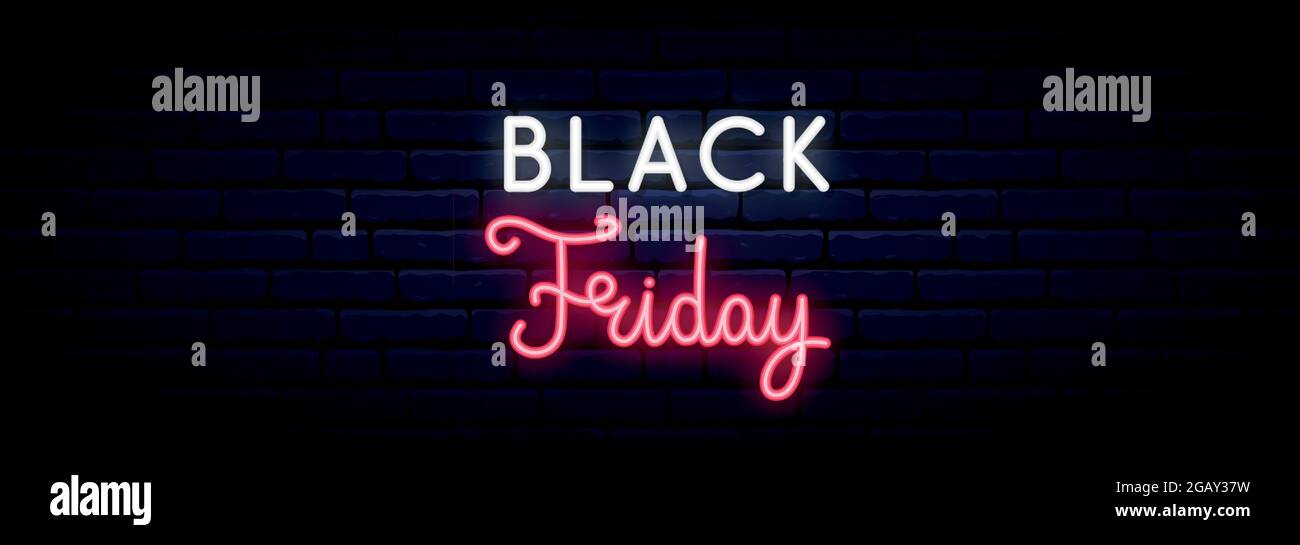 Affiche néon solde du Vendredi fou. Longue bannière de lumière horizontale . Panneau de signalisation au néon vectoriel. Illustration de Vecteur
