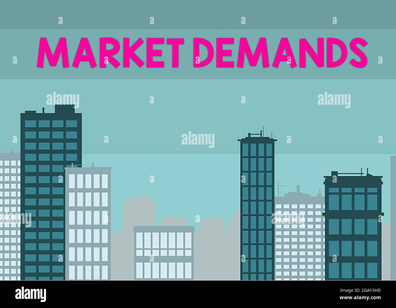 Affiche textuelle montrant Market Deanalysisds, Word écrit sur rassembler des faits sur les situations qui affectent le marché plusieurs gratte-ciel dessin montrant la ville Banque D'Images