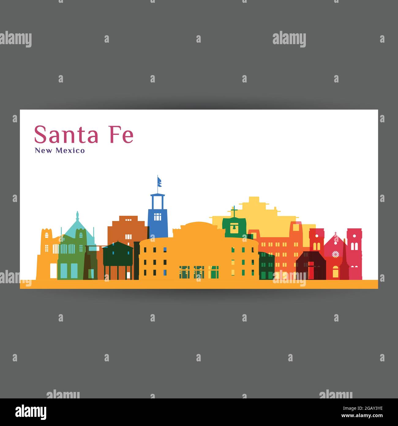 Silhouette d'architecture de la ville de Santa Fe. Horizon coloré. Motif urbain plat. Carte de visite Vector. Illustration de Vecteur